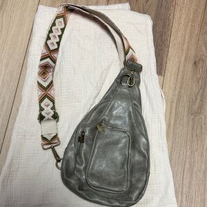 NWOT UNISEX SAGE- Gray Sling Bag with beautiful embroidered Patterned Strap